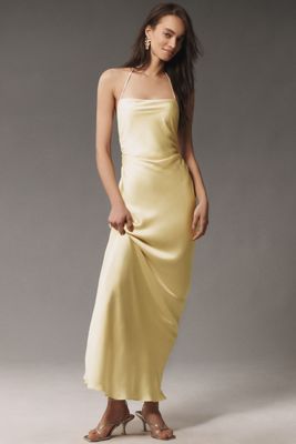 Mare Mare Bree Puff-Sleeve V-Neck Satin Slip Midi Dress