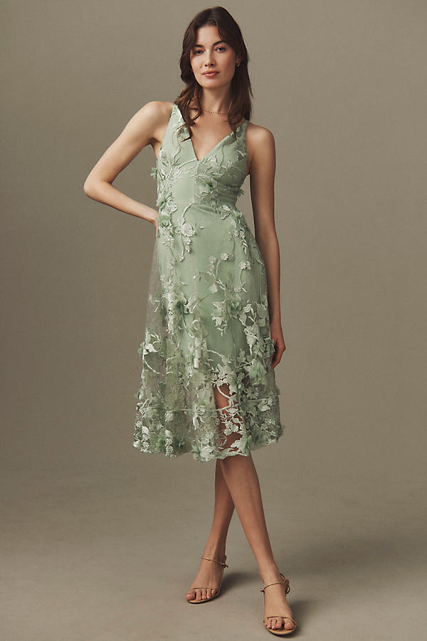 Shop Dress The Population Audrey Fit & Flare Sheer Lace Floral Appliqué Midi Dress In Green