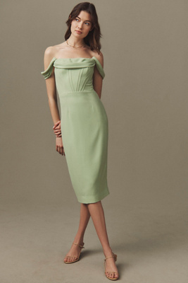 DRESS THE POPULATION VICKIE OFF-THE-SHOULDER CORSET MIDI DRESS 