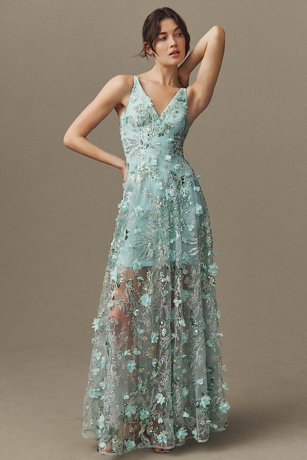 Dress The Population Sidney Bead & Sequin Floral Appliqué Gown In Blue