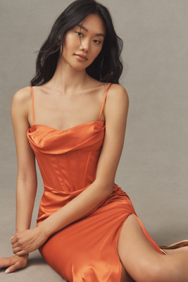 Mac Duggal Bustier Side Ruched Bodycon Gown In Orange