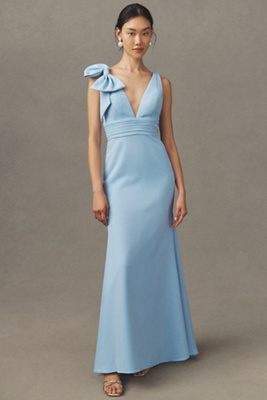Mac Duggal Bow Shoulder V-neck Gown In Blue