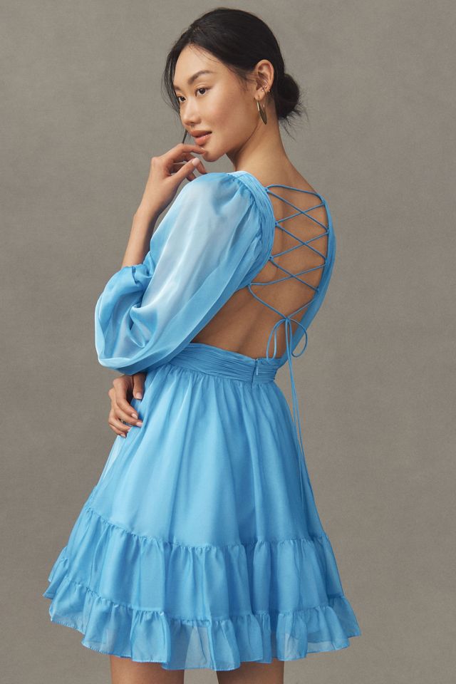 Mac Duggal Long-Sleeve Chiffon Cutout Mini Dress | Anthropologie