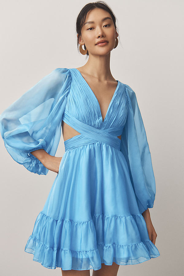 Shop Mac Duggal Long-sleeve Chiffon Cutout Mini Dress In Blue
