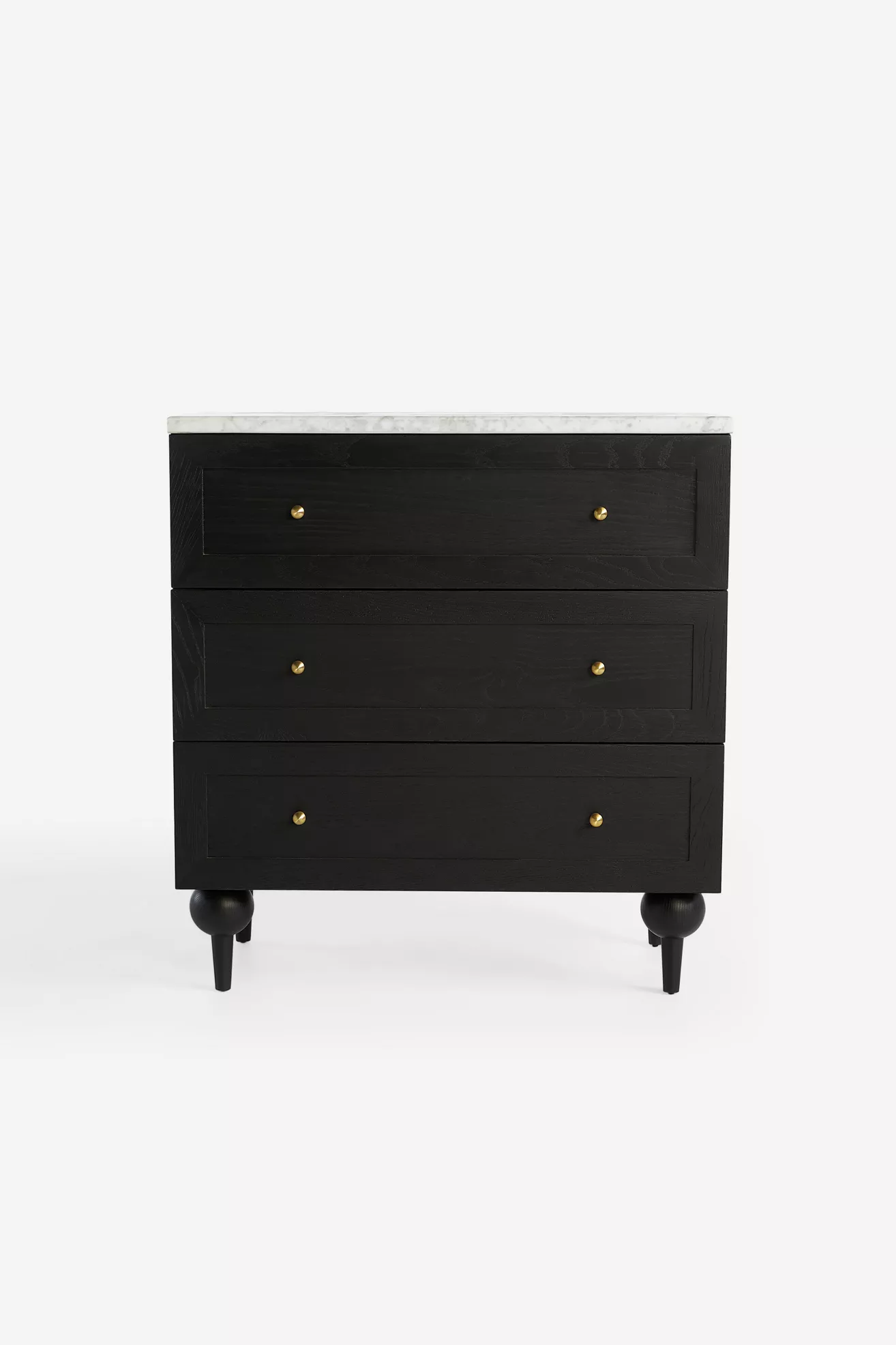 Black dresser with marble top and gold knobs