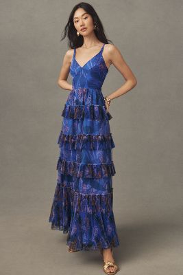 Shop Hutch Freya V-neck Tiered Ruffle Gown In Blue