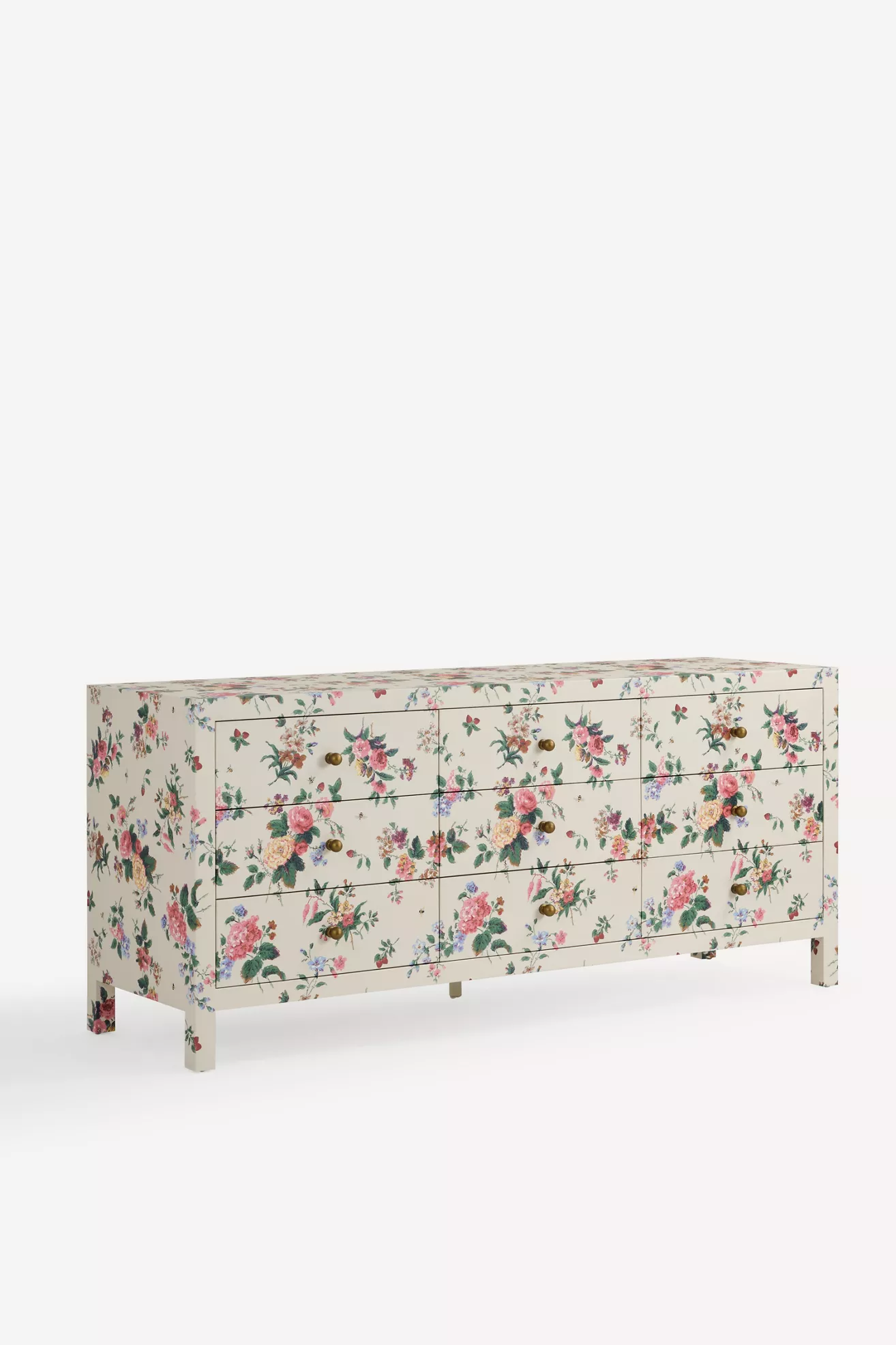 Long floral dresser showing multiple drawers