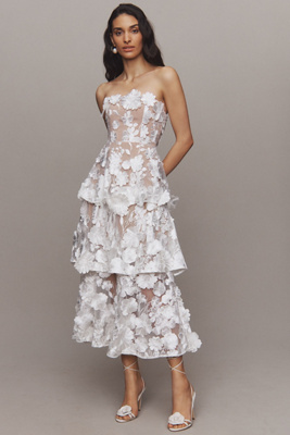 Elliatt Selene Strapless 3d Floral Lace Tiered Maxi Dress In White
