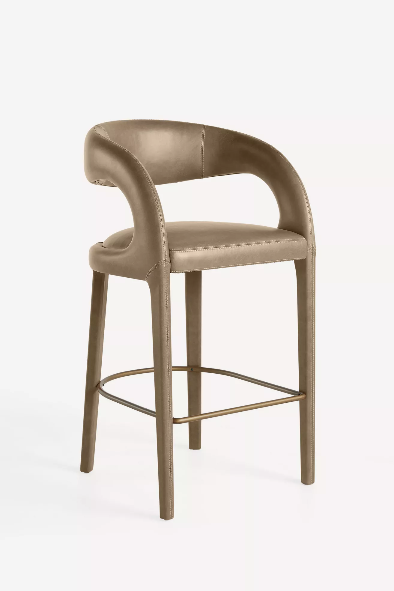 Leather Hagen Counter Stool side angle view with curved back and armrest