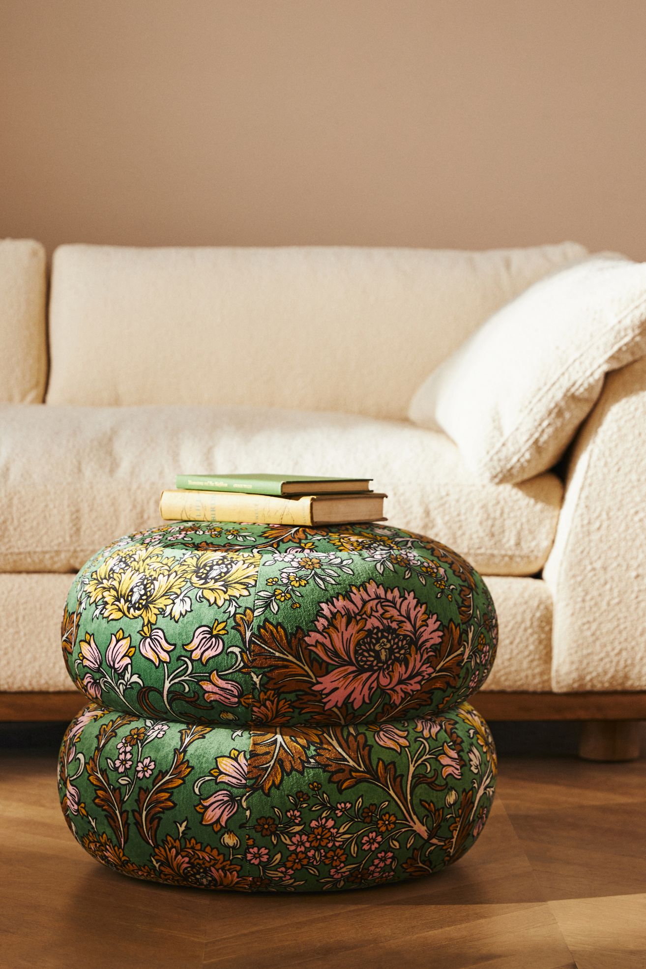 Jylin Velvet Muntz Ottoman - Green Floral, Standard, One Size