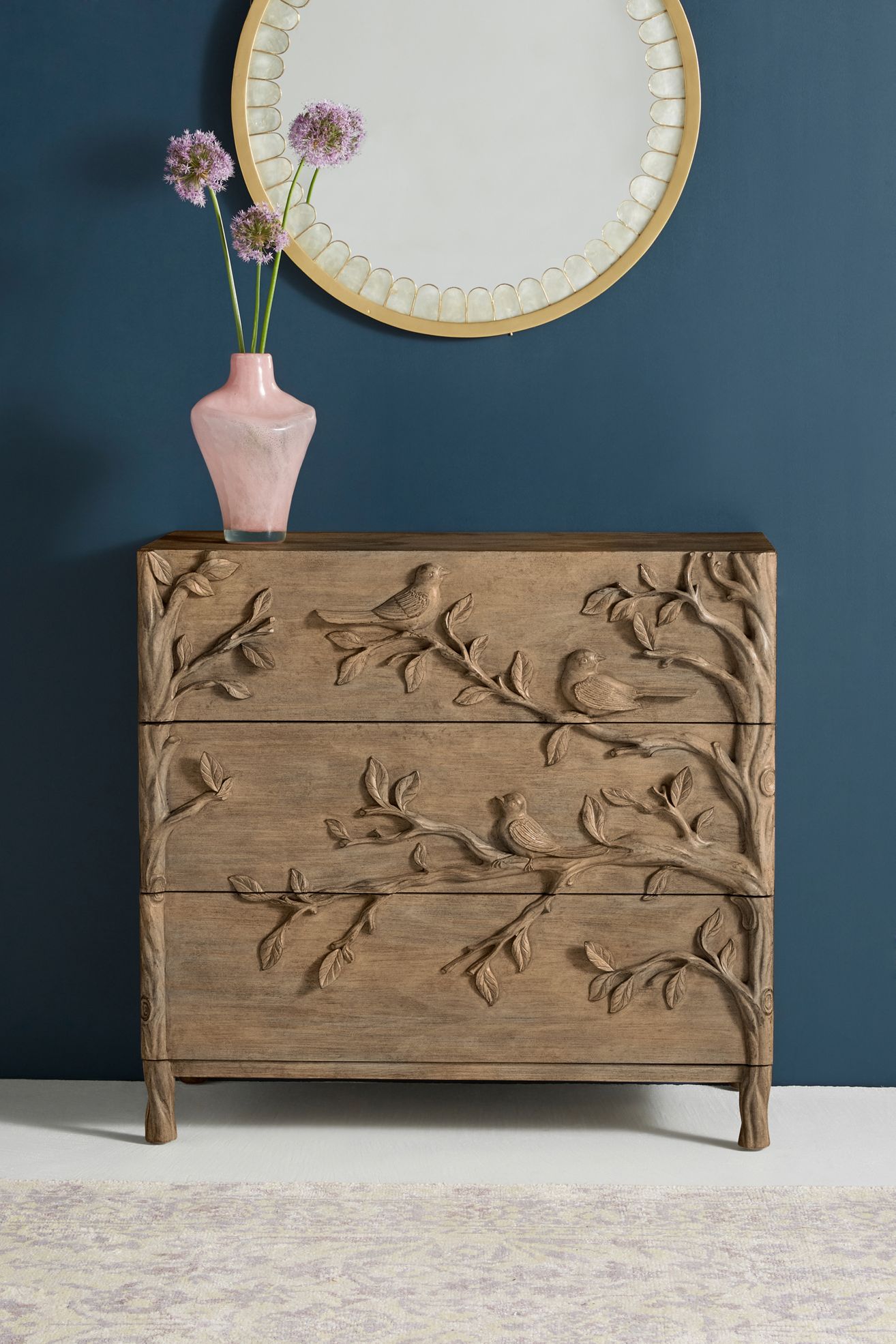 Ornithology Handcarved Three-Drawer Dresser - Taupe, One Size
