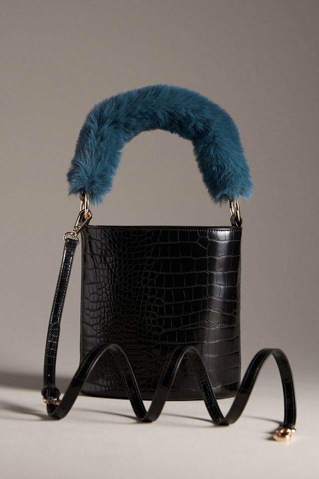 Faux-Fur Handle Croc Bucket Bag #1