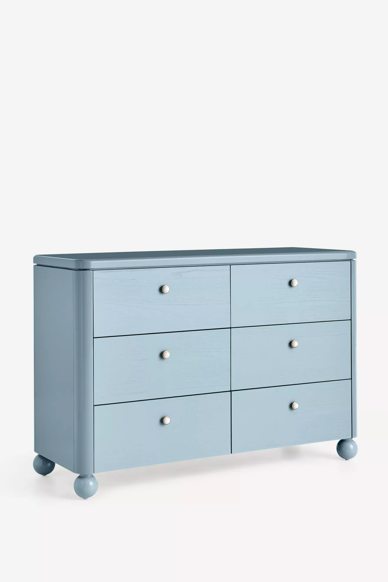 Blue lacquer six-drawer dresser shown at an angle