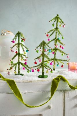 Green Tinsel Trees, Set of 3