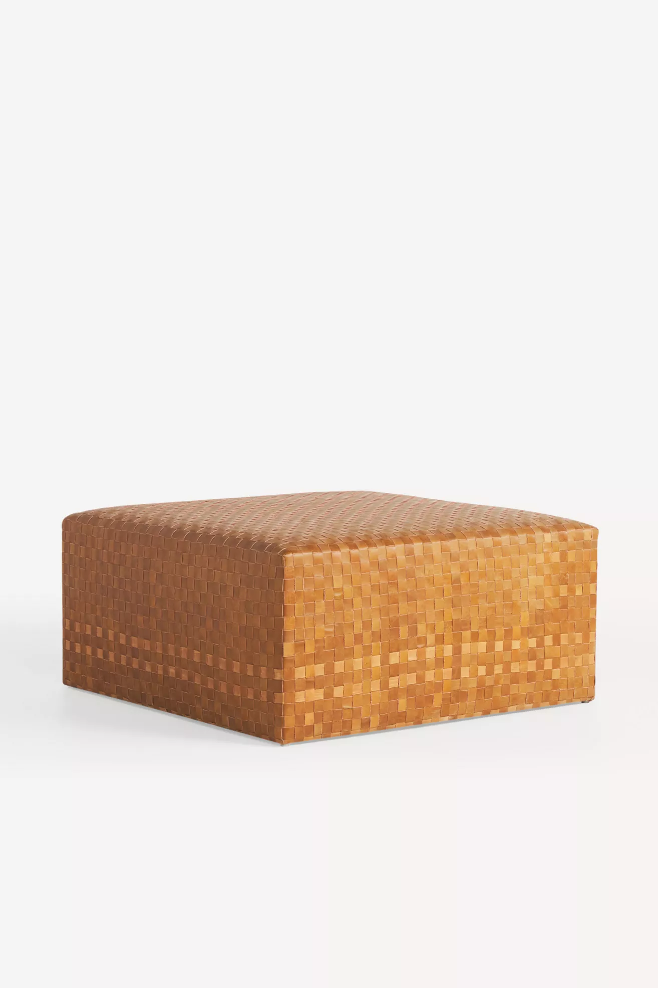 left side view of woven leather ottoman