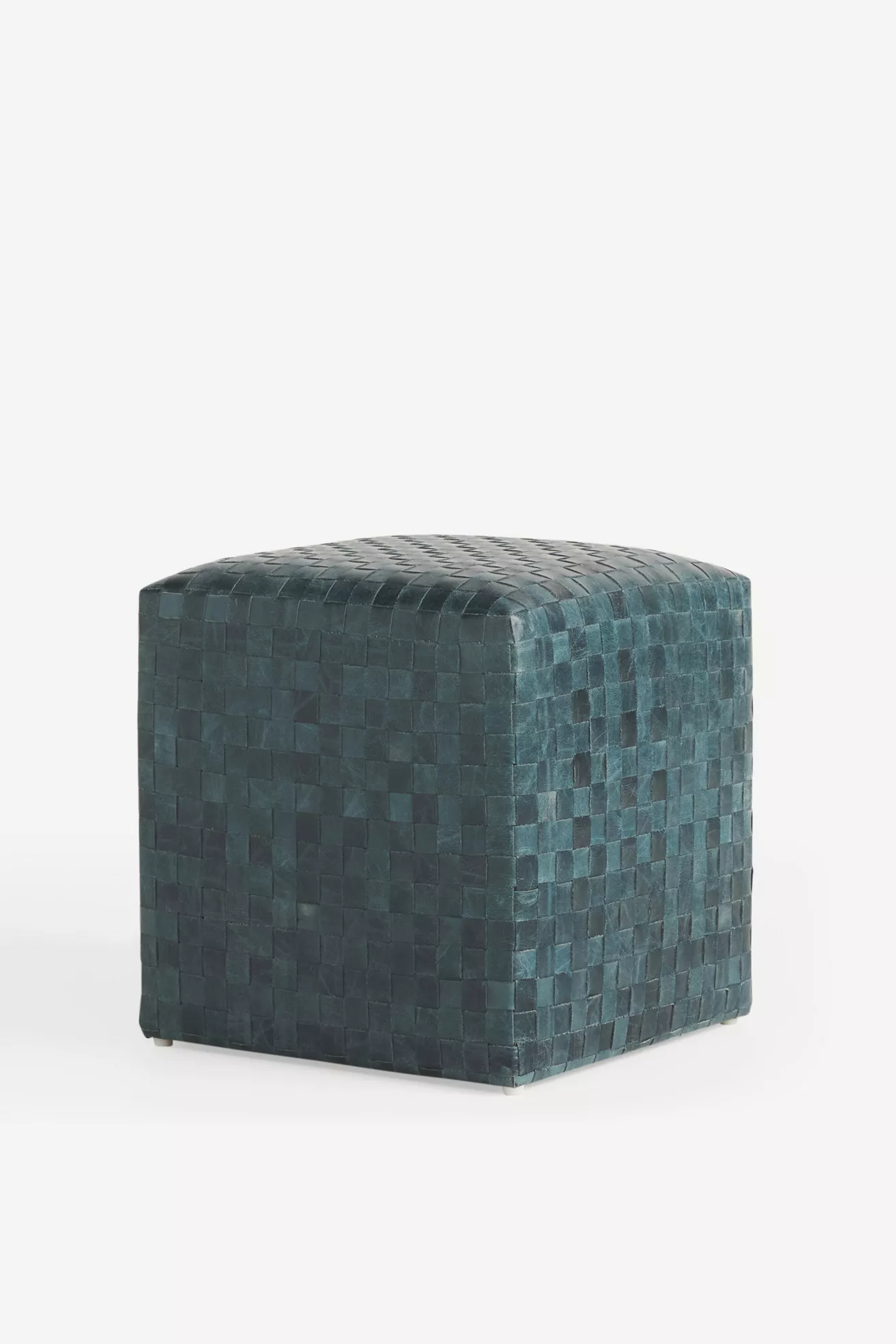 Dark teal woven leather ottoman from a slightly angled front view