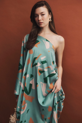 Satu One-Shoulder Scribble-Print Side-Slit Maxi Dress