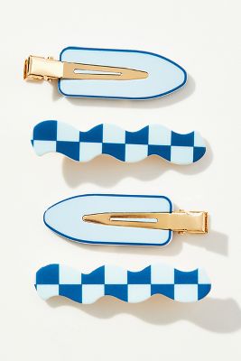 Shop Anthropologie Crease-free Checkered Hair Clips, Set Of 4 In Blue