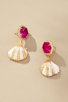 The Pink Reef Emerald Shell Drop Earrings In Gold