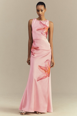 BHLDN MARIELLA HIGH-NECK SATIN MAXI DRESS 
