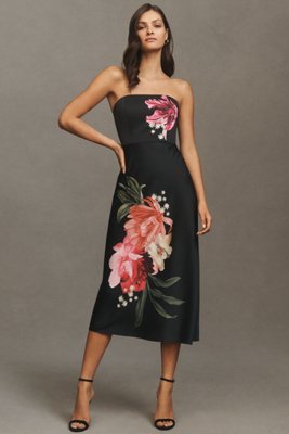 BHLDN LYLA STRAPLESS SIDE-SLIT SATIN MIDI DRESS 