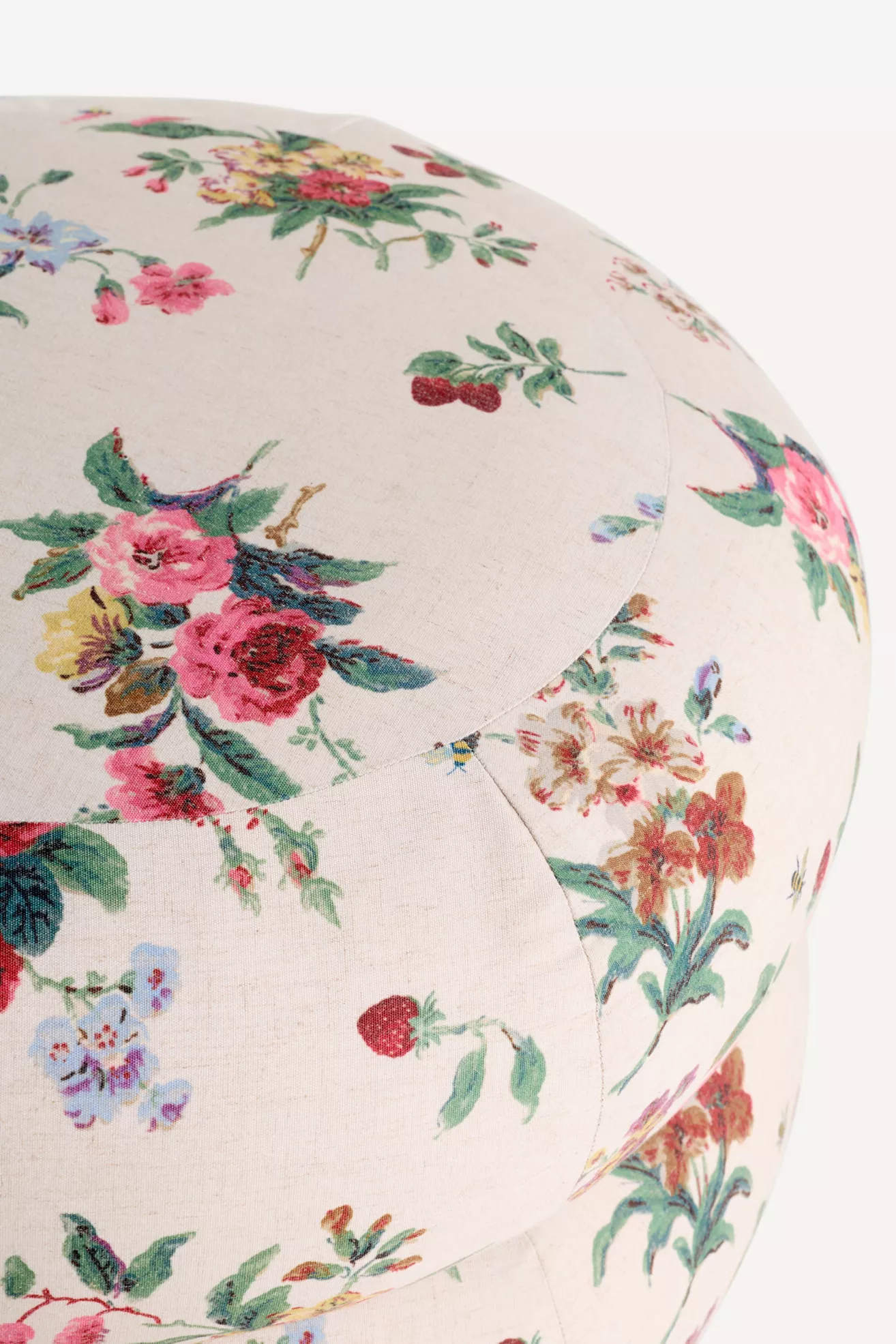 Close-up of floral pattern and stitching on ottoman upholstery