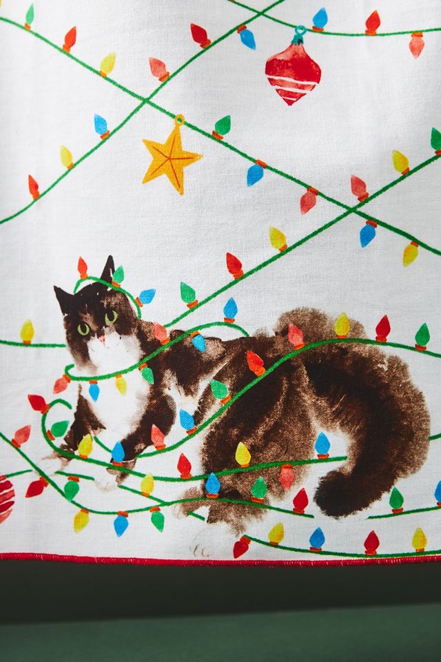 Cat Wrapped in Lights Dish Towel #1