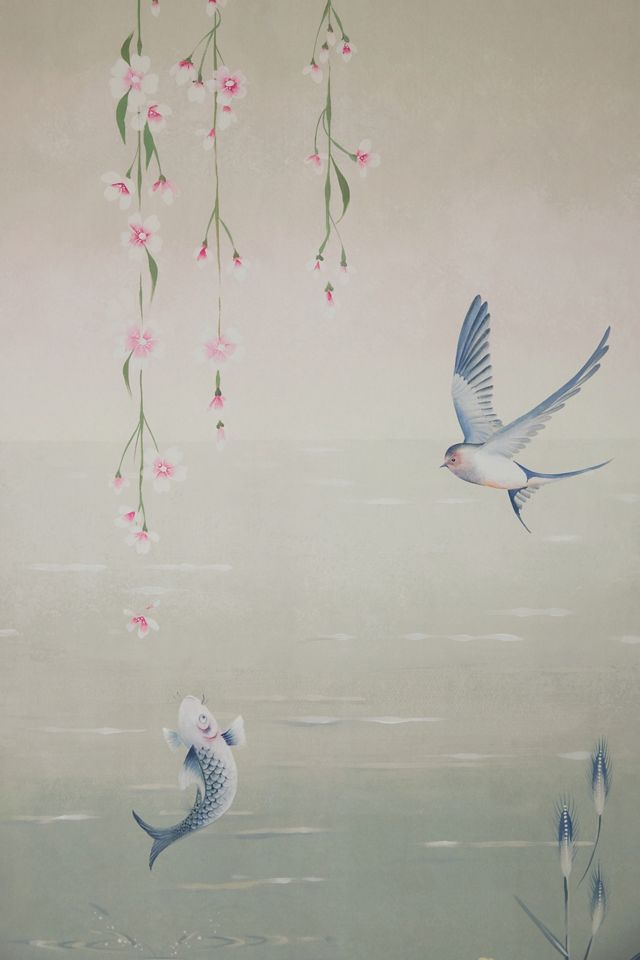 Water Garden Animals Soft Jade Pink Blossom Wallpaper #2