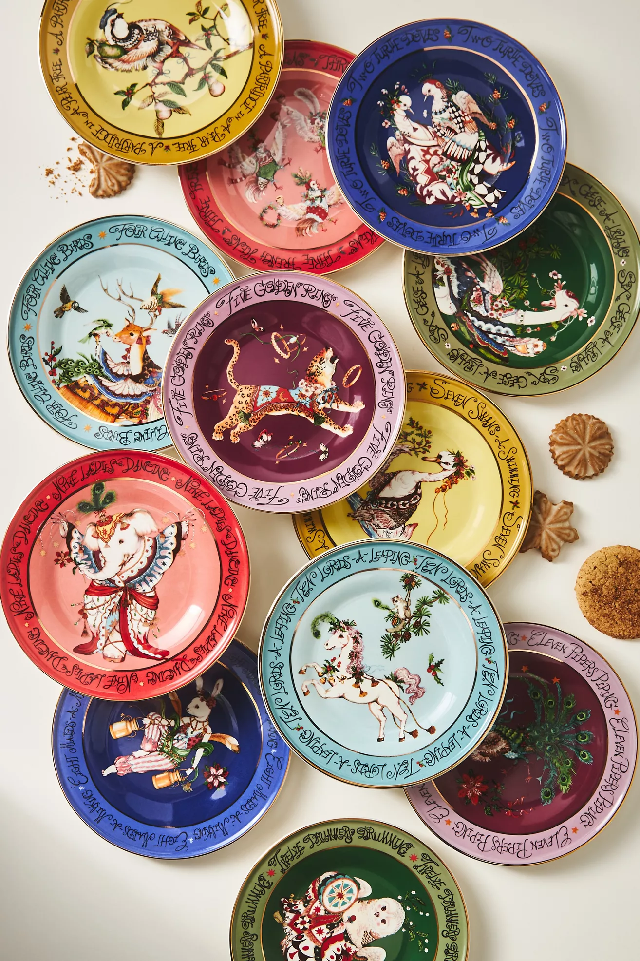 Anthropologie Twelve Days of Christmas Stoneware Dessert Plates, Set of 12