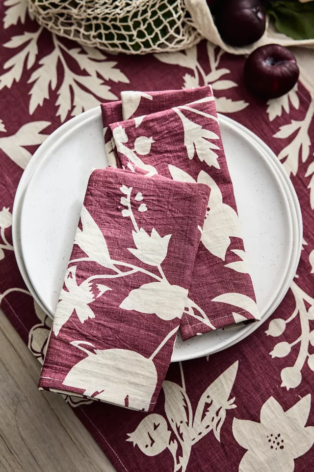 Maroon Botanical Linen Napkins, Set of 2