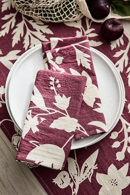 Maroon Botanical Linen Napkins, Set of 2