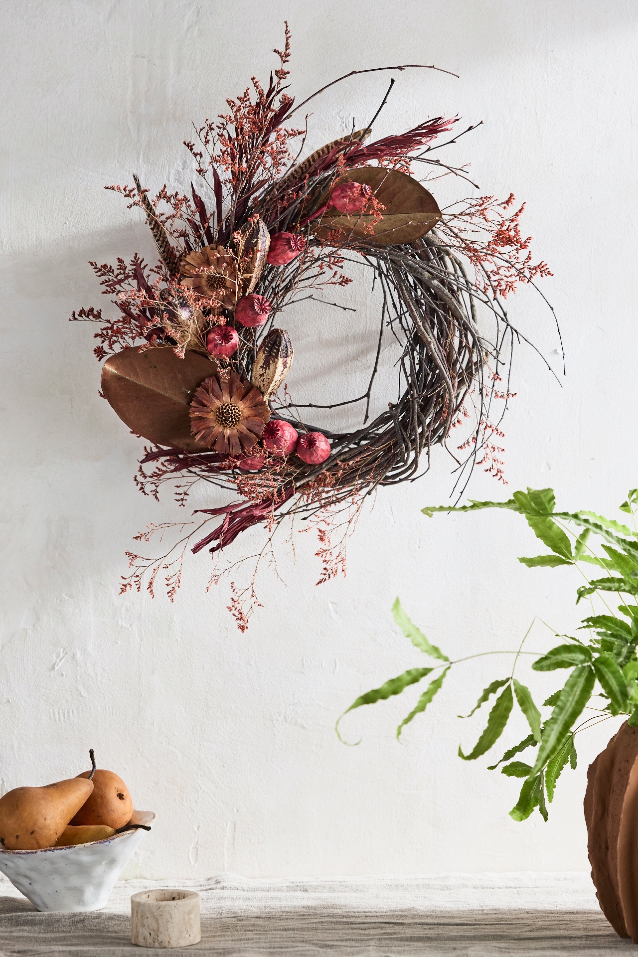 Dried Papaver + Feather Wreath