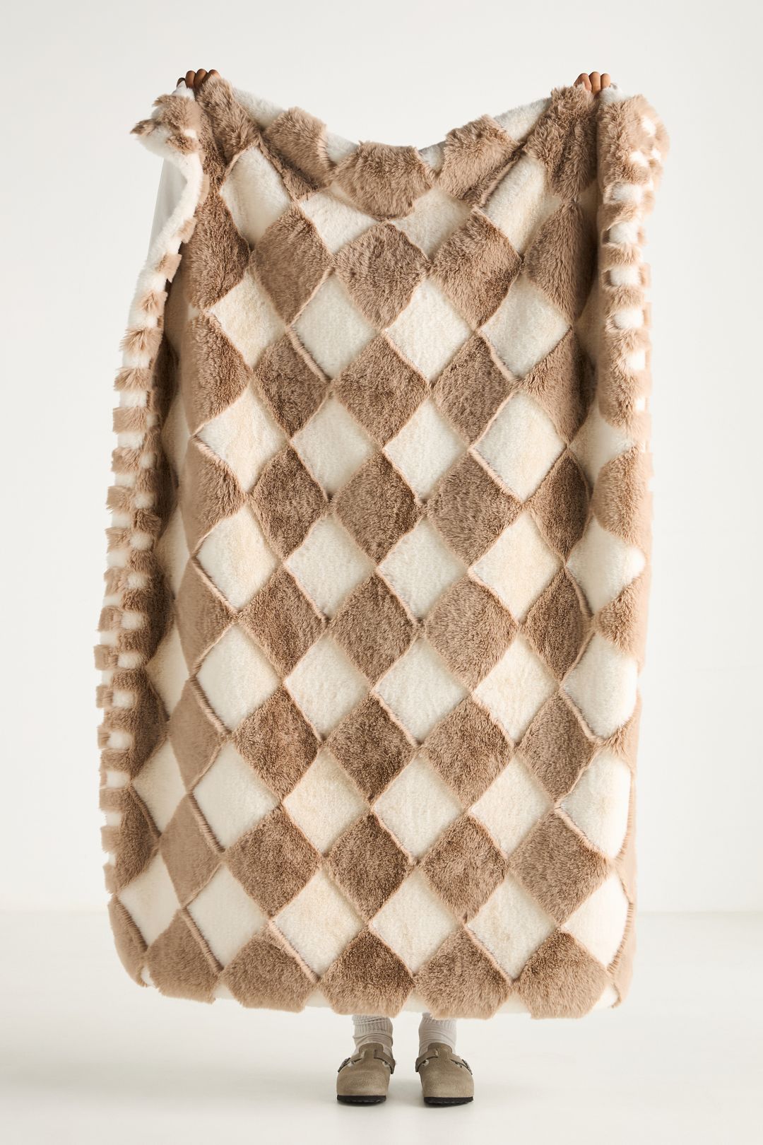Chella Checkered Faux Fur Throw Blanket - Ivory, 50" X 60"