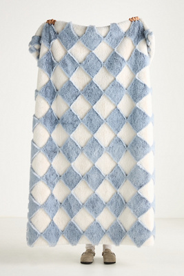 Anthropologie Checkered Sculpted Faux-fur Throw Blanket