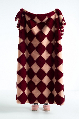 Anthropologie Carved Checkered Faux-fur Throw Blanket In Red