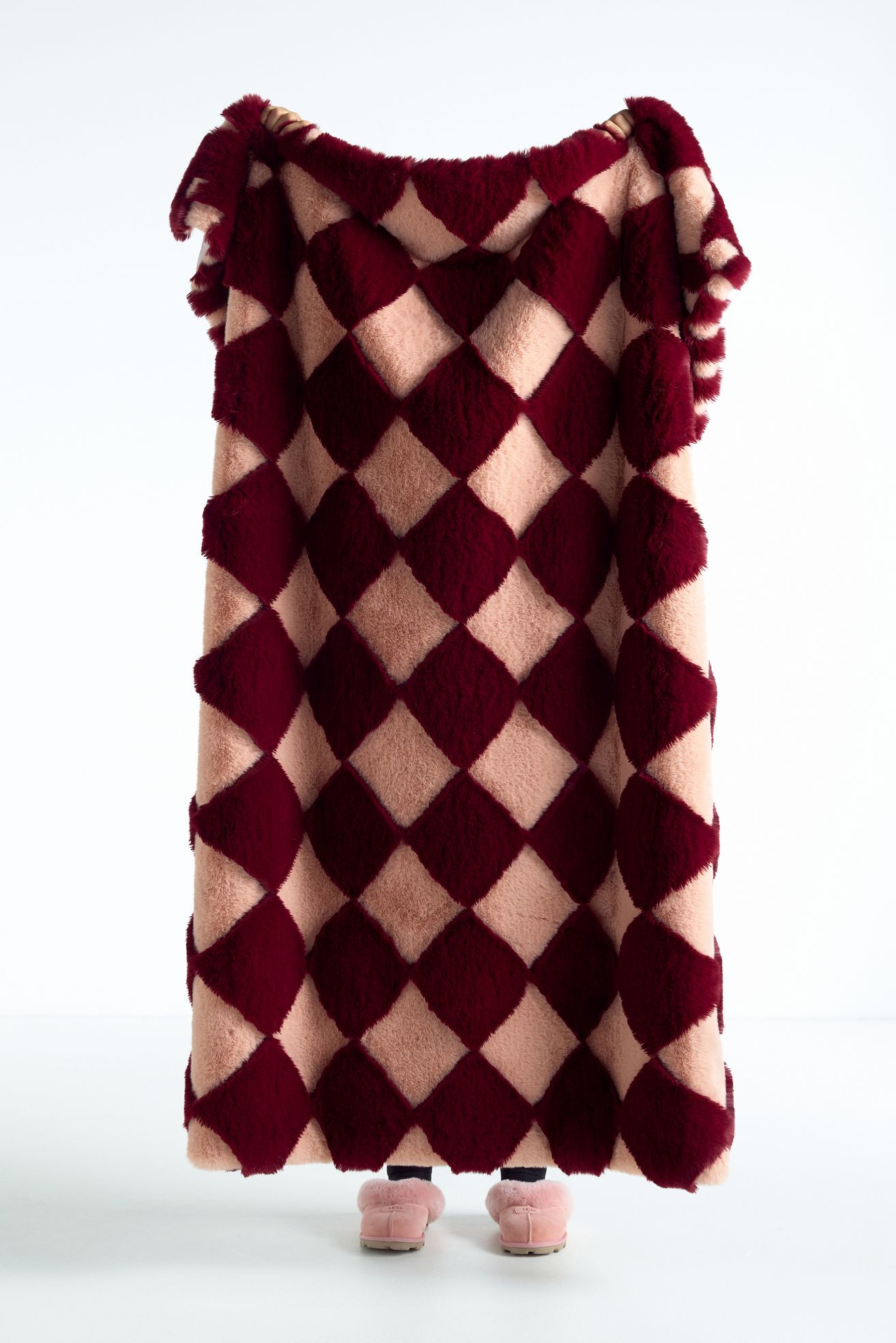 Chella Checkered Faux Fur Throw Blanket - Wine, Standard, 50" X 60"