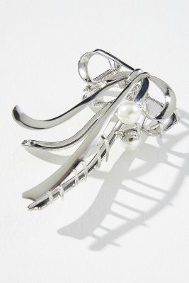 Anthropologie Single Pearl Bow Hair Claw Clip In Metallic