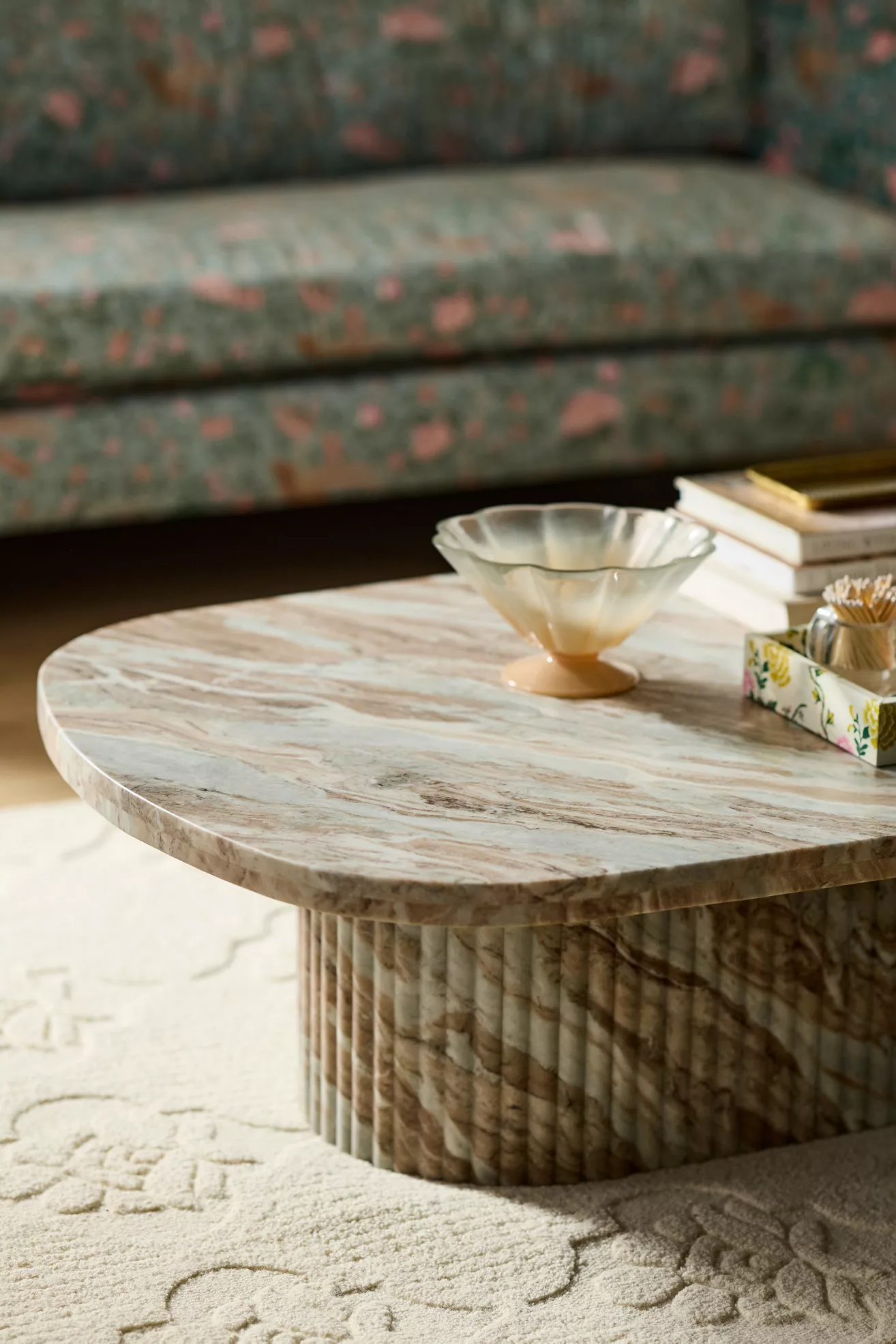 Kanta Oval 55"  Fluted Marble Coffee Table - thumbnail 8