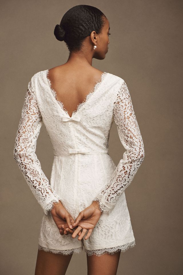 BHLDN Mock-Neck Long-Sleeve Bow-Back Lace Romper #1
