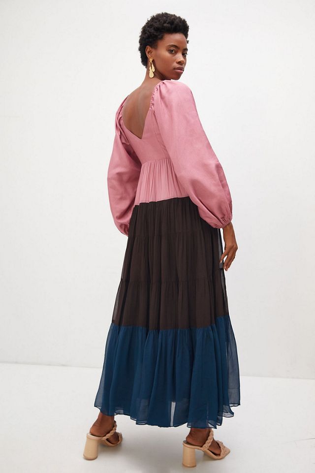 nirmoha Puff-Sleeved Colorblocked Maxi Dress #1