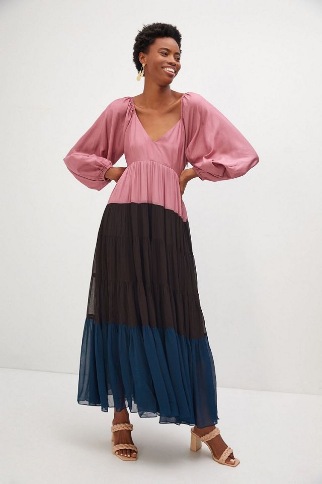 nirmoha Puff-Sleeved Colorblocked Maxi Dress #3