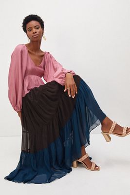 nirmoha Puff-Sleeved Colorblocked Maxi Dress