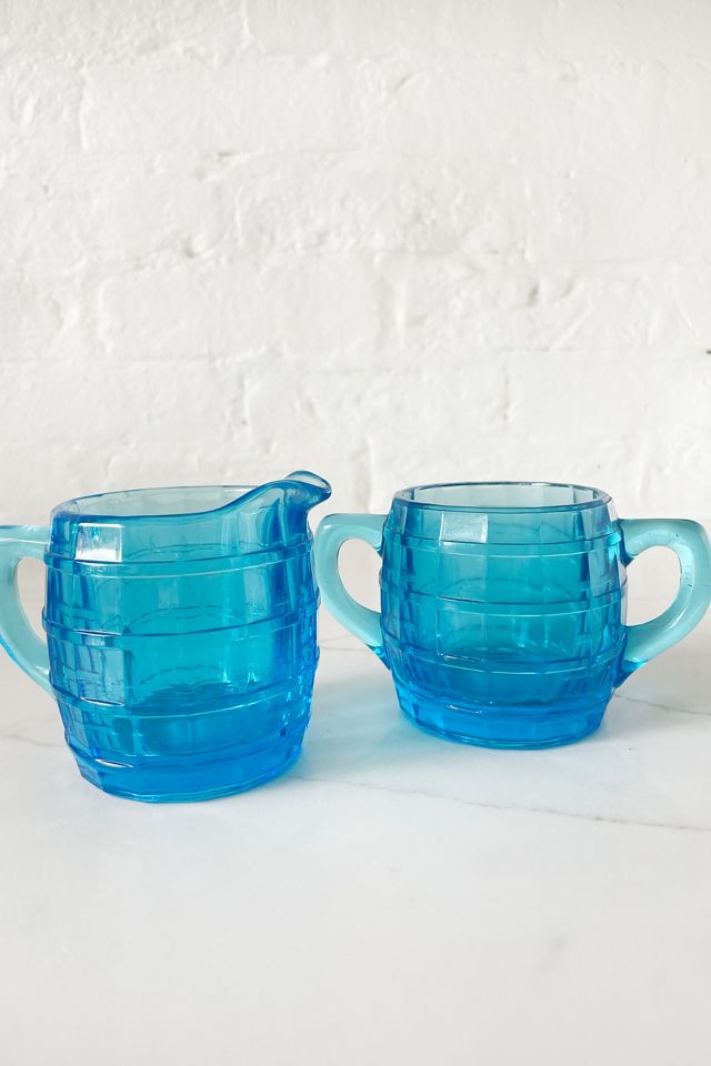 Old Flame Candle Co. Vintage Blue Glass Cream and Sugar Set #1