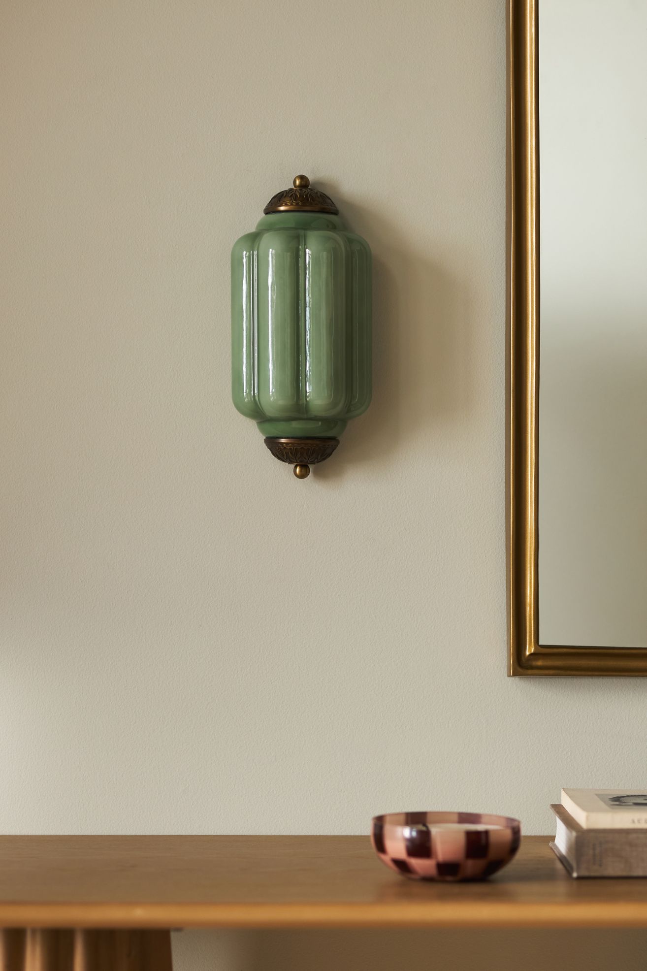 The Eloise Scallop Milk Glass Flush Sconce Wall Light - Green Glass / Brass, One Size