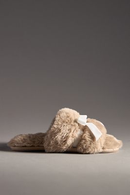 Shop Maeve Faux-fur Open-toe Bow Slippers In Beige