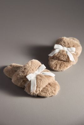 Maeve Faux-Fur Open-Toe Bow Slippers