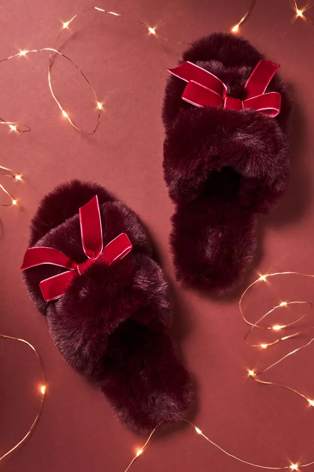Maeve Faux-Fur Open-Toe Bow Slippers