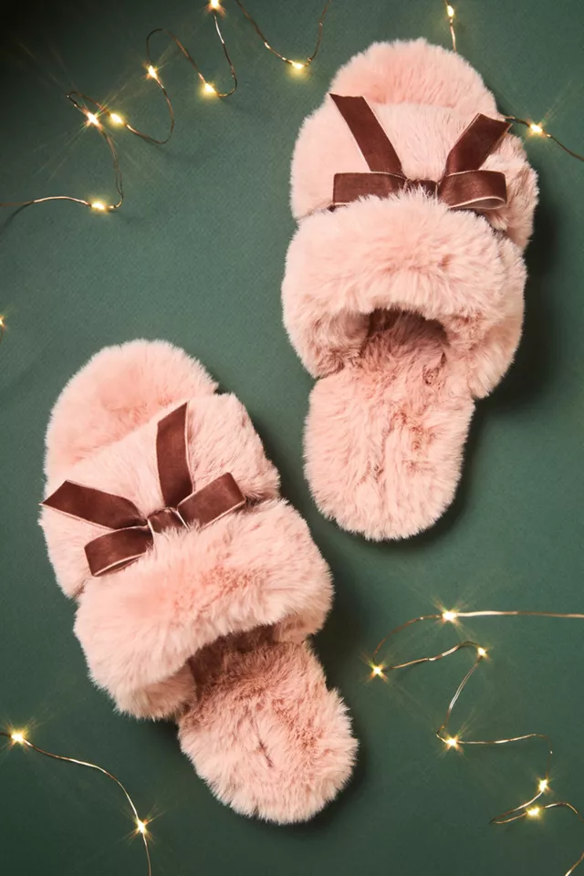 Maeve Faux-Fur Open-Toe Bow Slippers