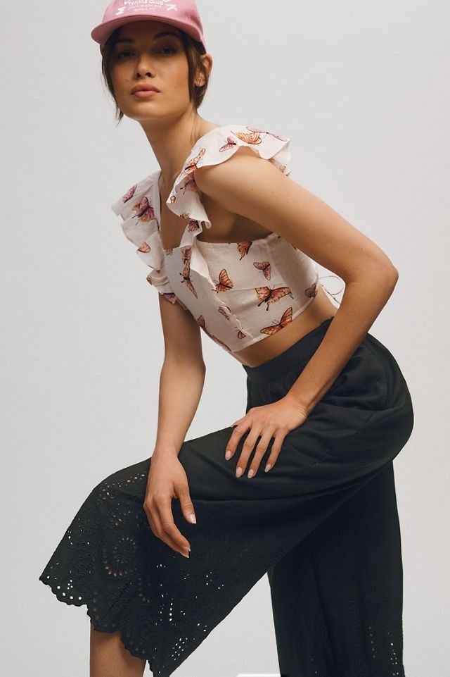 Wide-Leg Eyelet Crop Pants #2