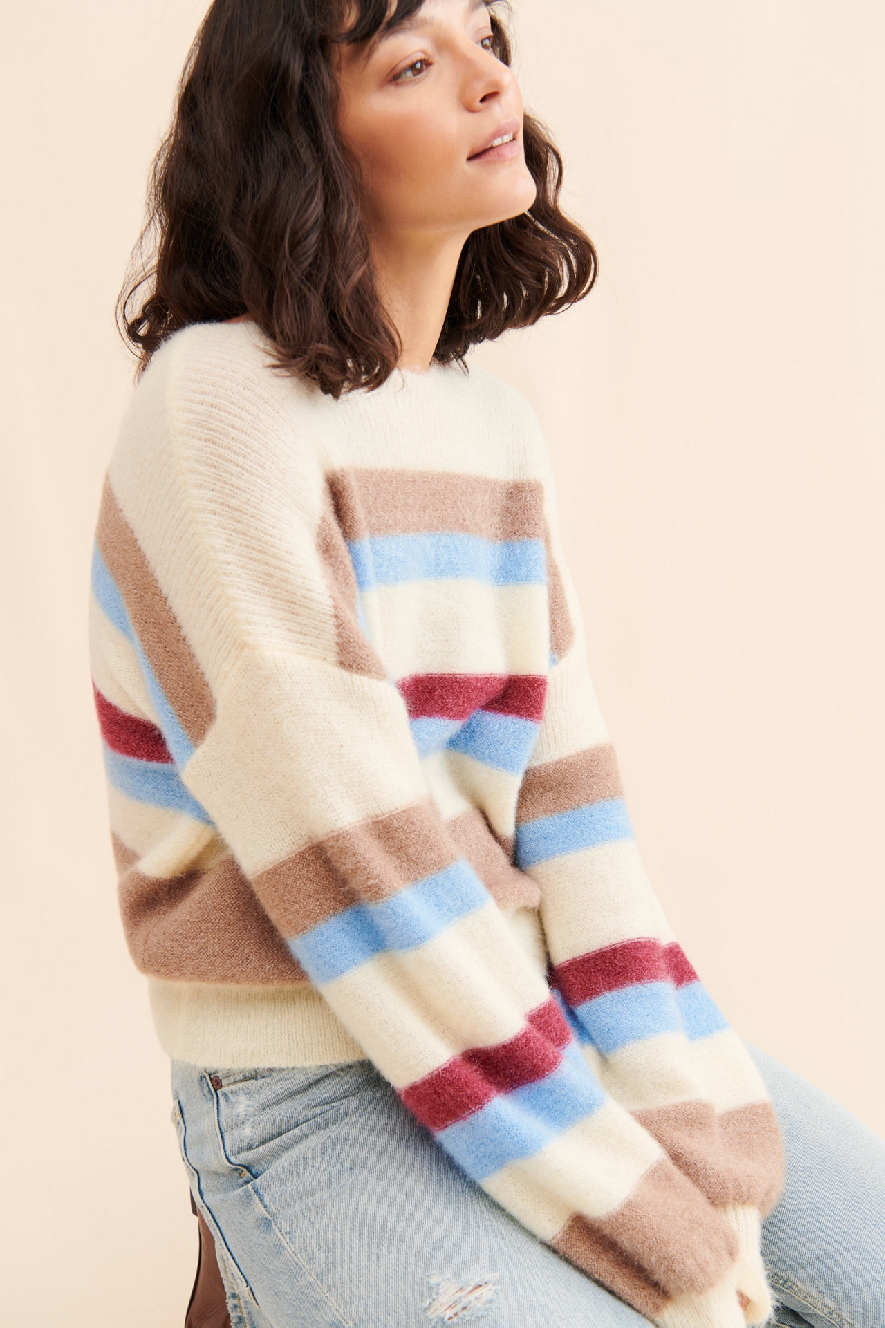 Flat White Fluffy Striped Sweater